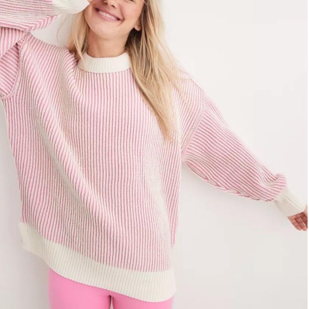 Aerie Beyond Chenille Sweater Womens Medium Pink Cream Striped Ribbed Oversized - Picture 1 of 6